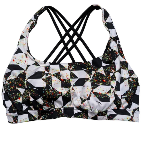 (2/$25) VictoriaSport strappy cross back yoga bra black white geo shape - Picture 1 of 12